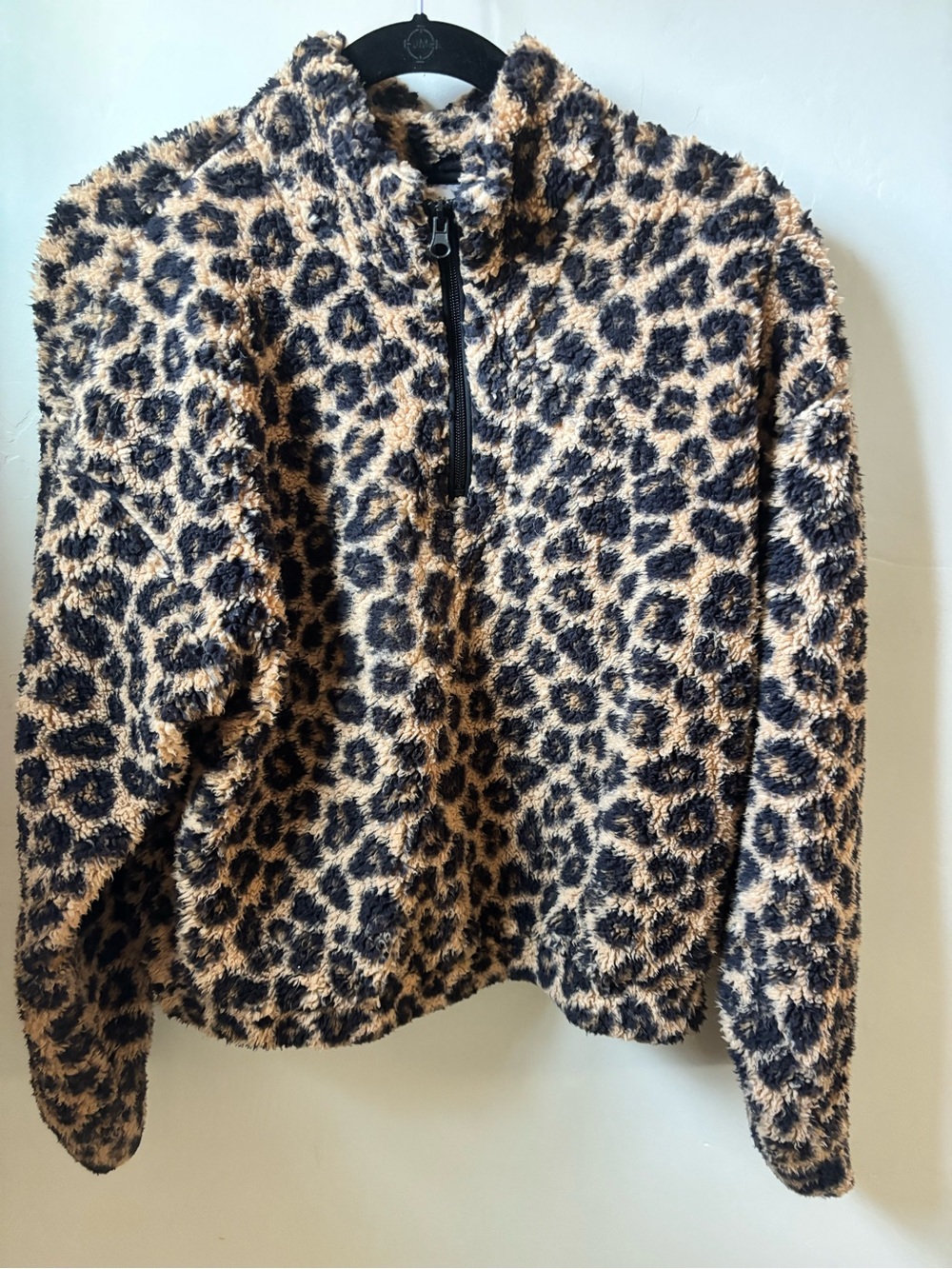 Women's Leopard Print Sherpa Half-Zip Jacket - Tan & Black